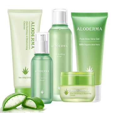 Aloderma Signature Aloe Soothing & Repairing Set - 5 Pieces - Gel, Cleanser, Toner, Serum, Cream