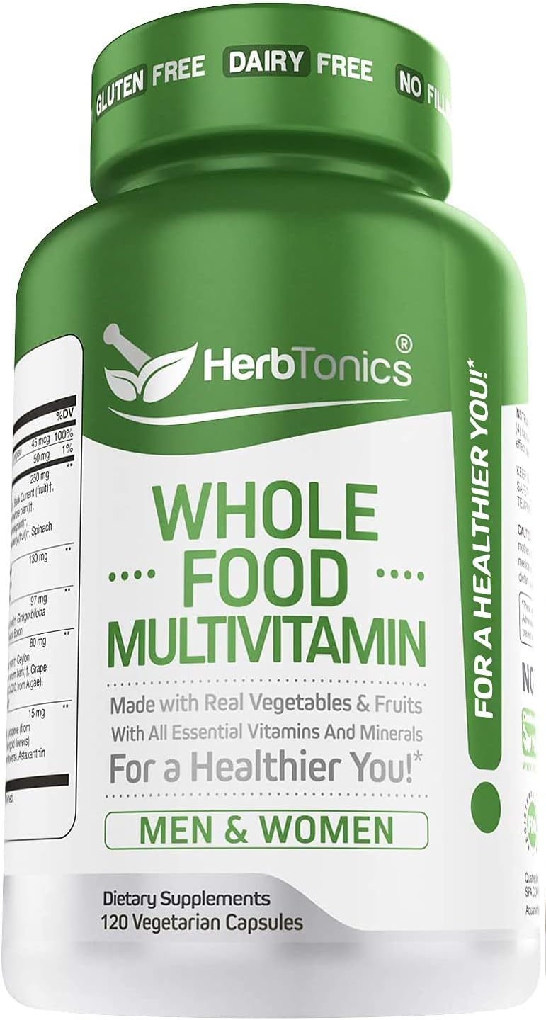 Whole Food Multivitamin for Women & Men with Superfoods from Whole Food Markets | Real Raw Veggies, Fruits, Vitamin E, A, B Complex | Vegan Non-GMO 120 Vegetarian Capsules (Adult)