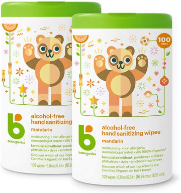 Babyganics Alcohol-Free Hand Sanitizing Wipes, Mandarin, Kills 99.9% Of Common Bacteria, Moisturizing, 200 Count, (100 Count, 2 Pack), Packaging May Vary