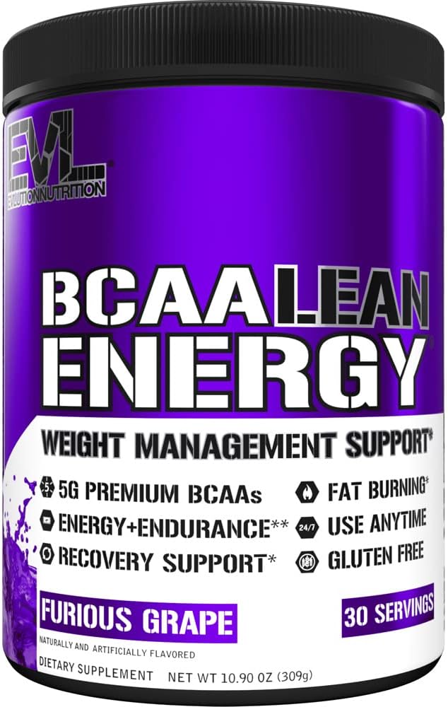 Evl Bcaa Lean Energy Powder - Pre Workout Green Tea Fat Burner Support With Bcaas Amino Acids And Clean Energizers - Bcaa Powder Post Workout Recovery Drink For Lean Muscle Recovery - Furious Grape