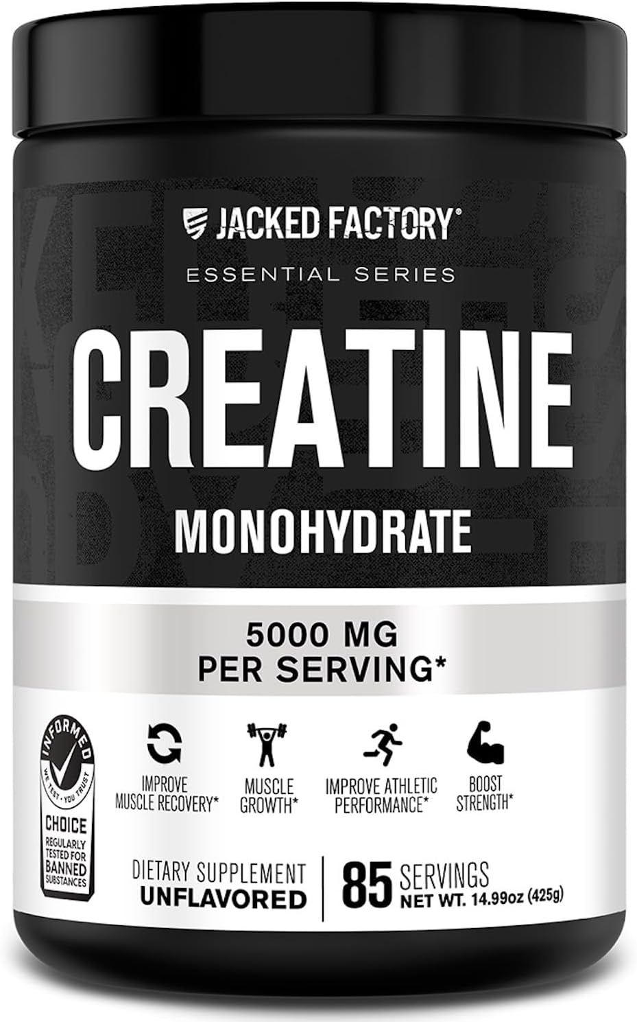 Jacked Factory Creatine Monohydrate Powder 425G - Creatine Supplement For Muscle Growth, Increased Strength, Enhanced Energy Output And Improved Athletic Performance 85 Servings, Unflavored