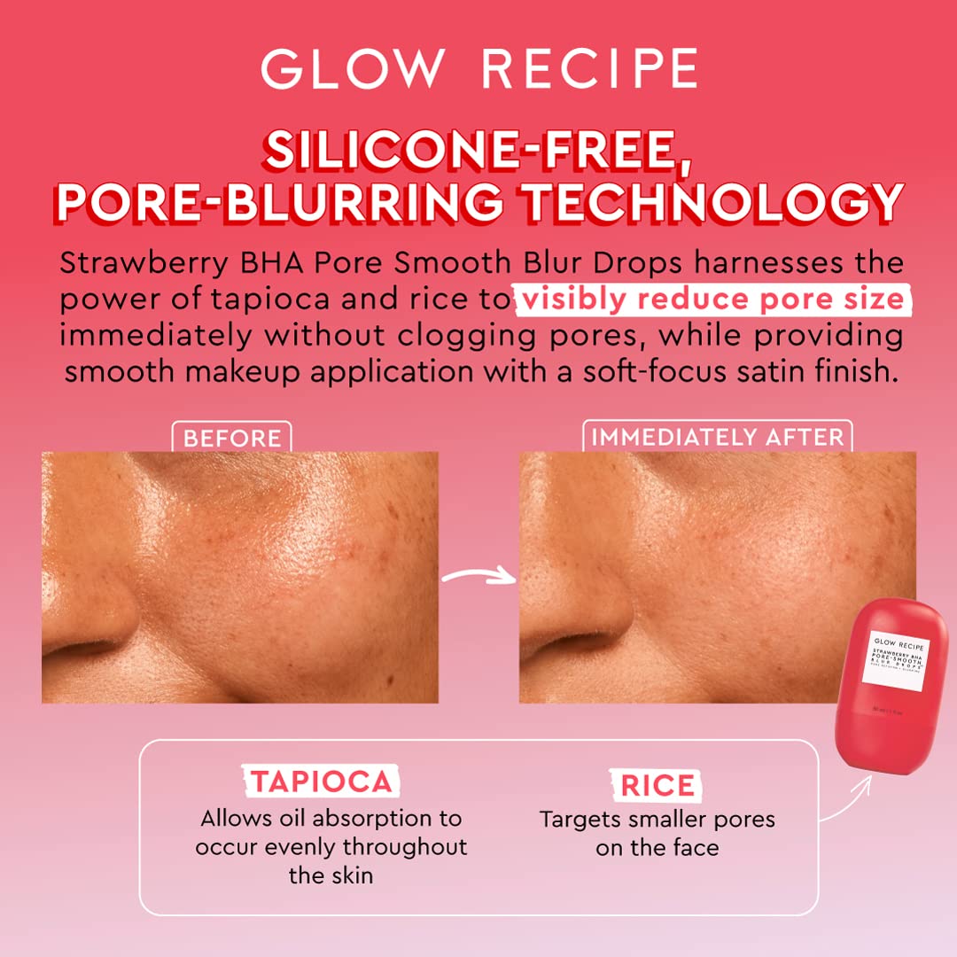 Glow Recipe Strawberry BHA Pore-Smooth Blur Drops - Silicone-Free, Oil-Free - BHA Primer Face Makeup Pore Minimizer - Antioxidant Face Serum for Women - Pore Reducer for Hydrating, Glowing Skin (30ml) : Beauty & Personal Care