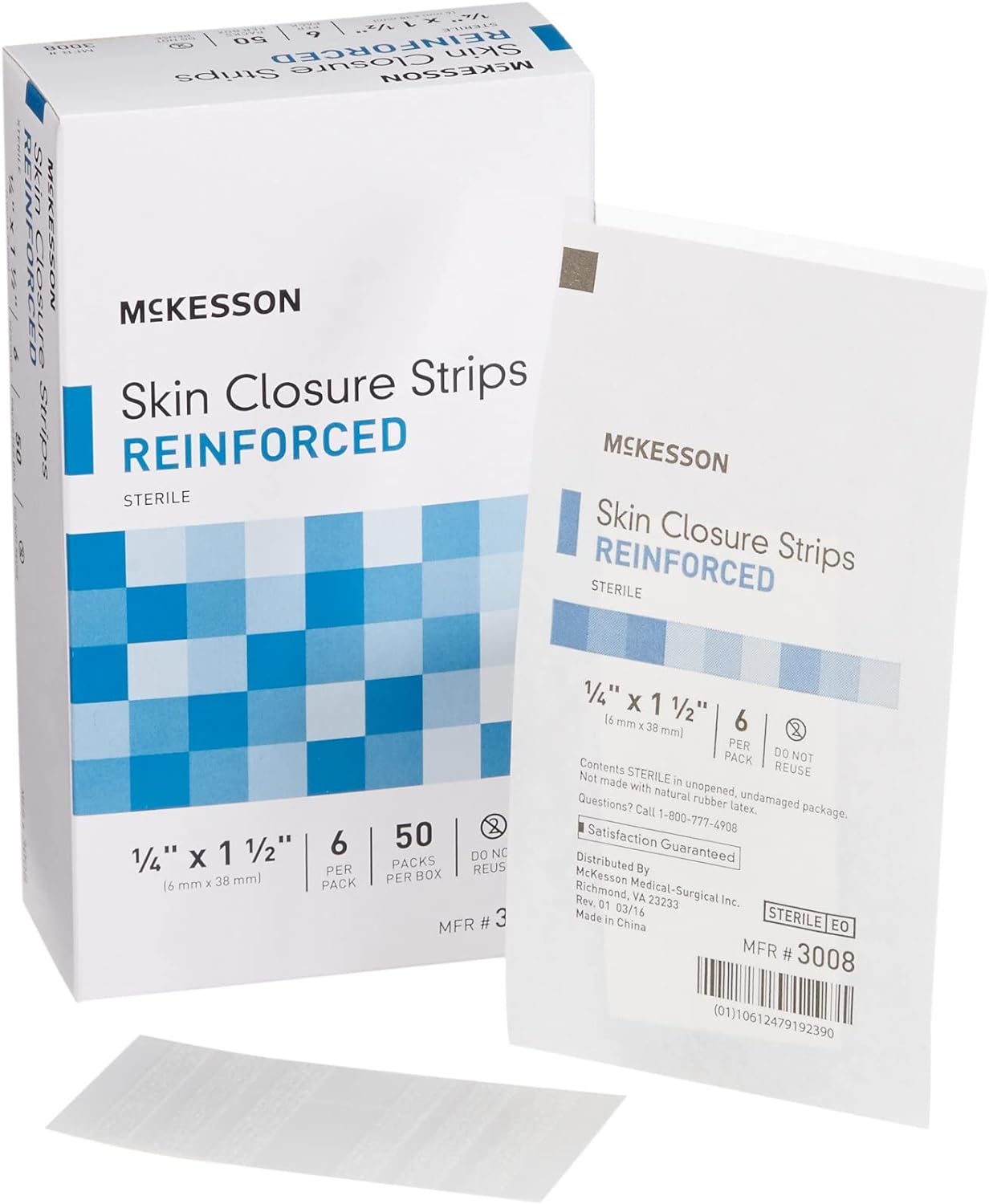 McKesson Skin Closure Adhesive Strips, Reinforced Steri Strip for Wound Care, 1/4 in x 1 1/2 in, 200 Count