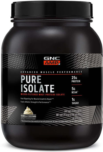 Gnc Amp Pure Isolate | Fuels Athletic Strength, Performance And Muscle Growth | Fast Absorbing | 25G Whey Protein Iso With 5G Bcaa | Vanilla Custard | 28 Servings