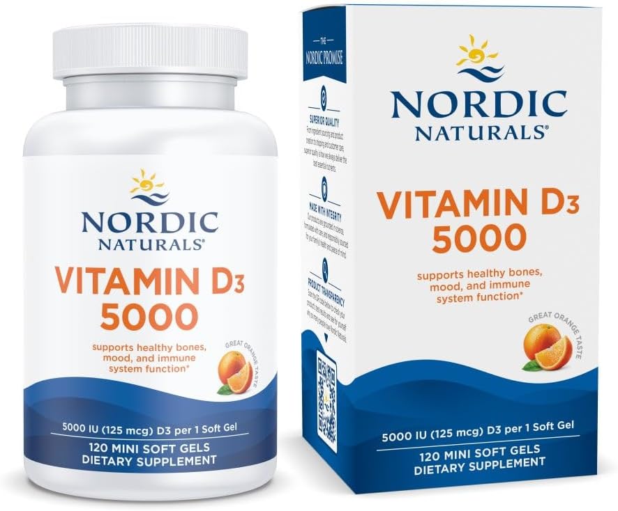 Nordic Naturals Vitamin D3 5000, Orange - 120 Mini Soft Gels - 5000 Iu Vitamin D3 - Supports Healthy Bones, Mood & Immune System Function - Non-Gmo - 120 Servings