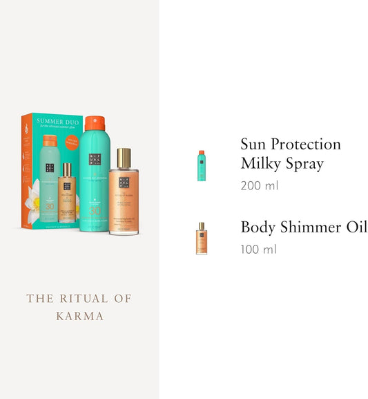 Rituals The Ritual Of Karma Summer Skincare Duo, Sun Spray Lotion Spf 30 For Broad Spectrum Protection, Illuminating Body Oil With White Tea And Lotus Flower, Hydrating Sun Care Gift Set