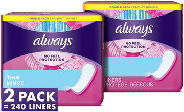 Always Thin Daily Liners, Regular Absorbency, Unscented, Wrapped, 120 Count - Pack of 2 (240 Count Total) (Packaging May Vary)