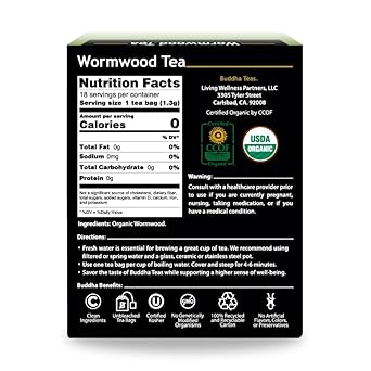 Buddha Teas Organic Wormwood Tea - Ou Kosher, Usda Organic, Ccof Organic, 18 Bleach-Free Tea Bag