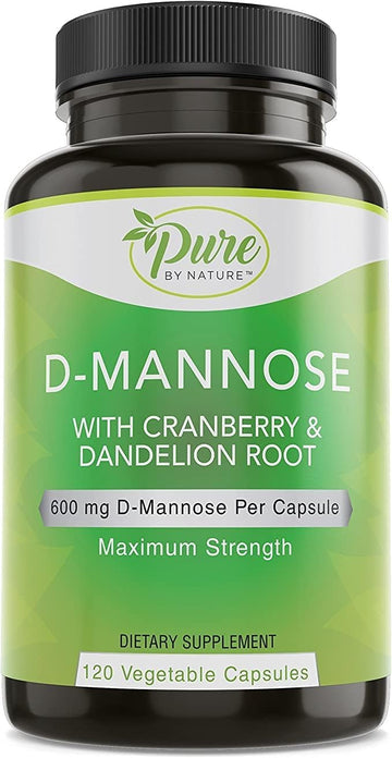 Pure By Nature 600Mg D-Mannose Vegan Capsules With Cranberry & Dandelion Extract, Urinary Tract Health Support, Flush Impurity, Detox Body, 240 Count
