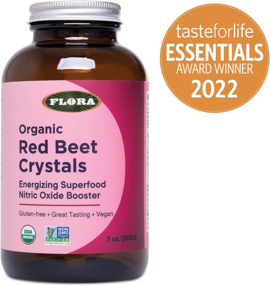 Flora - Organic Red Beet Crystals, Energizing Superfood, Nitric Oxide Booster, Vegan, Equals 5.5 Lbs. Of Red Beets, Pressed From Fresh Harvested Organic Beets, 7-Oz. Powder