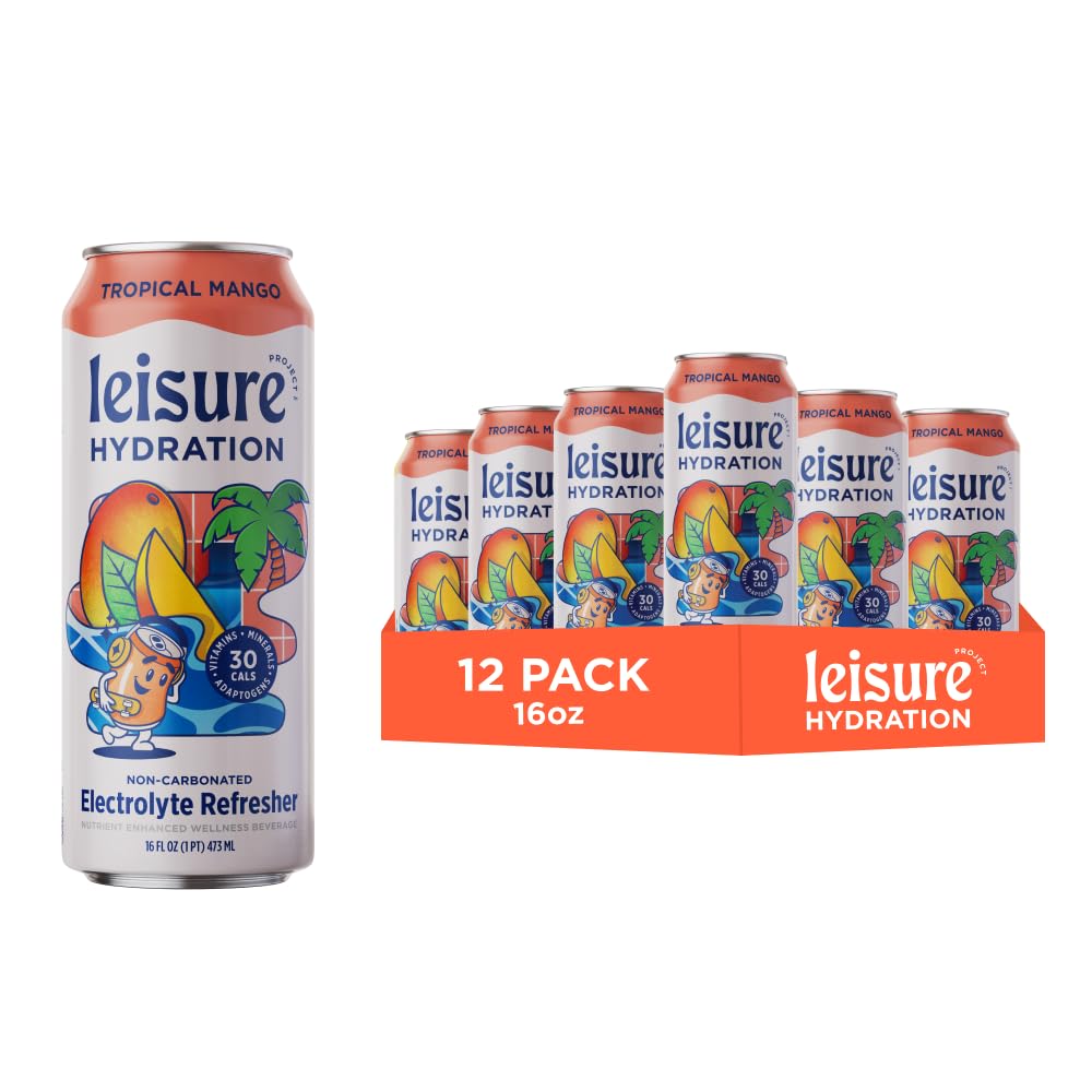 Leisure Project Electrolyte Refresher, Tropical Mango (16Oz Cans, 12 Pack) Mango Hydration Drink W/Magnesium & Ashwagandha For Mood & Stress Support, Low Sugar Drink W/Real Fruit, Vitamins & Minerals