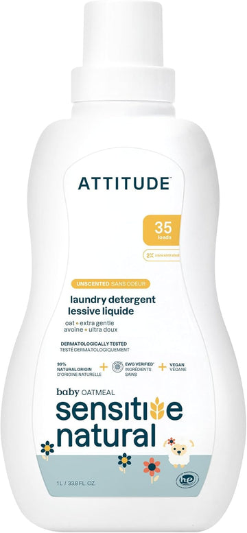 Attitude Baby Laundry Detergent, Ewg Verified, Plant And Mineral-Based Formula, He Compatible, Vegan Household Products, Unscented, Sensitive, 33.8 Fl Oz, 35 Loads