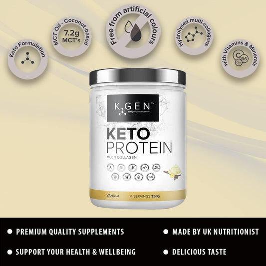 K-Gen Keto Collagen Protein Powder Natural Vanilla Multi Collagen Blend With Coconut Mct Oil, Vitamin C + B6, Stevia | Uk Made For Diet, Fat Loss | Low Carb, Zero Gluten & Sugar