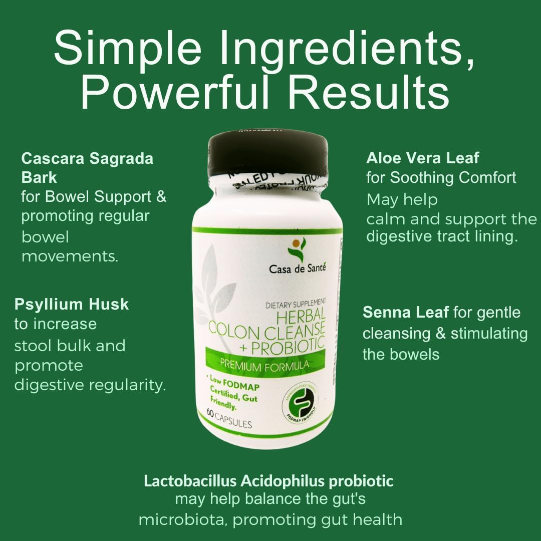 Casa De Sante Low Fodmap Herbal Laxative Capsules Glp1 Support Natural Gentle Laxative Pills To Cleanse Colon & Support Digestive System With Probiotics, Psyllium Husk, Senna Leaf & Cascara Sagrada : Health & Household