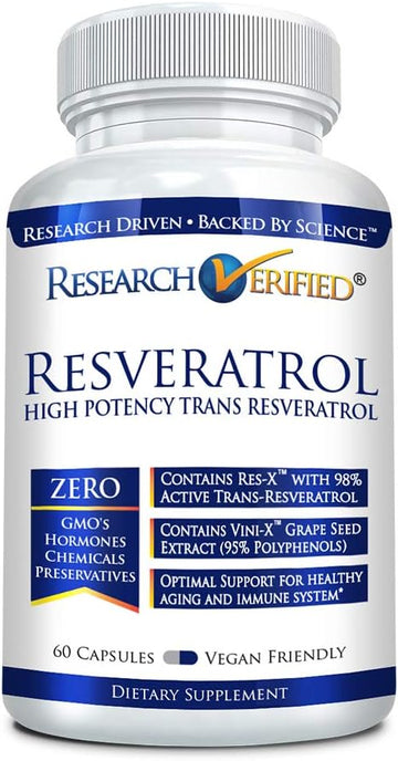 Research Verified Resveratrol - 98% Trans-Resveratrol 1000 Mg, Anti-Aging Support - 1 Bottle - 60 Capsules