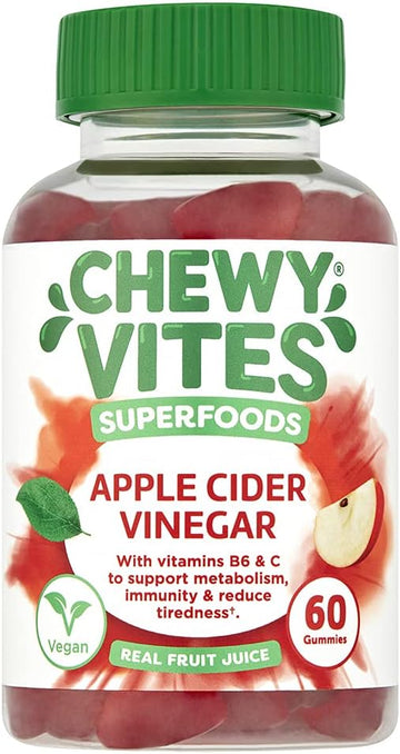 Chewy Vites Superfoods Apple Cider Vinegar Gummies, 60 Vitamin Gummies, 500 Mg Apple Cider Vinegar, Vitamin C, Real Fruit Juice, 1 Month Supply, Vegan, Delicious Flavour