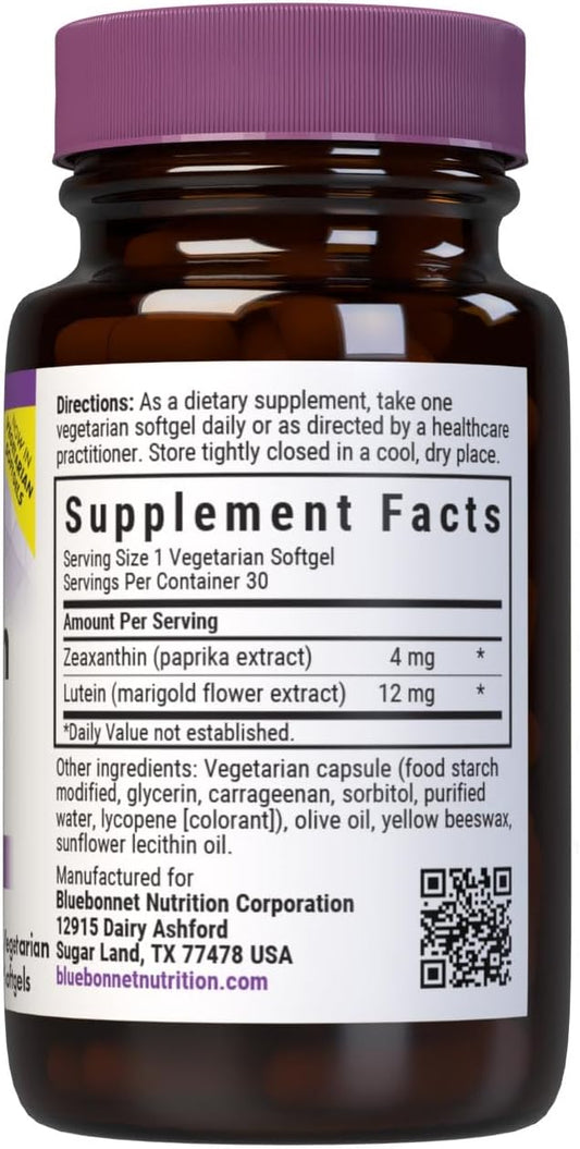 Bluebonnet Nutrition Zeaxanthin Plus Lutein Softgel & From Marigold And Paprika, Eye Health & Blue Light Exposure, Gluten, Soy & Milk Free, White, 30 Count