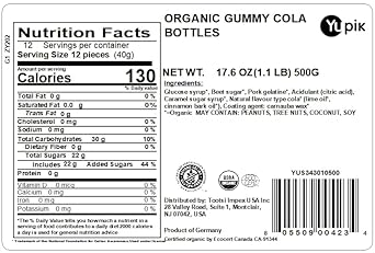 Yupik Organic Gummy Cola Bottles, 1.1 Lb, Gluten-Free, Non-Gmo, Fat-Free, Classic Chewy Gummies