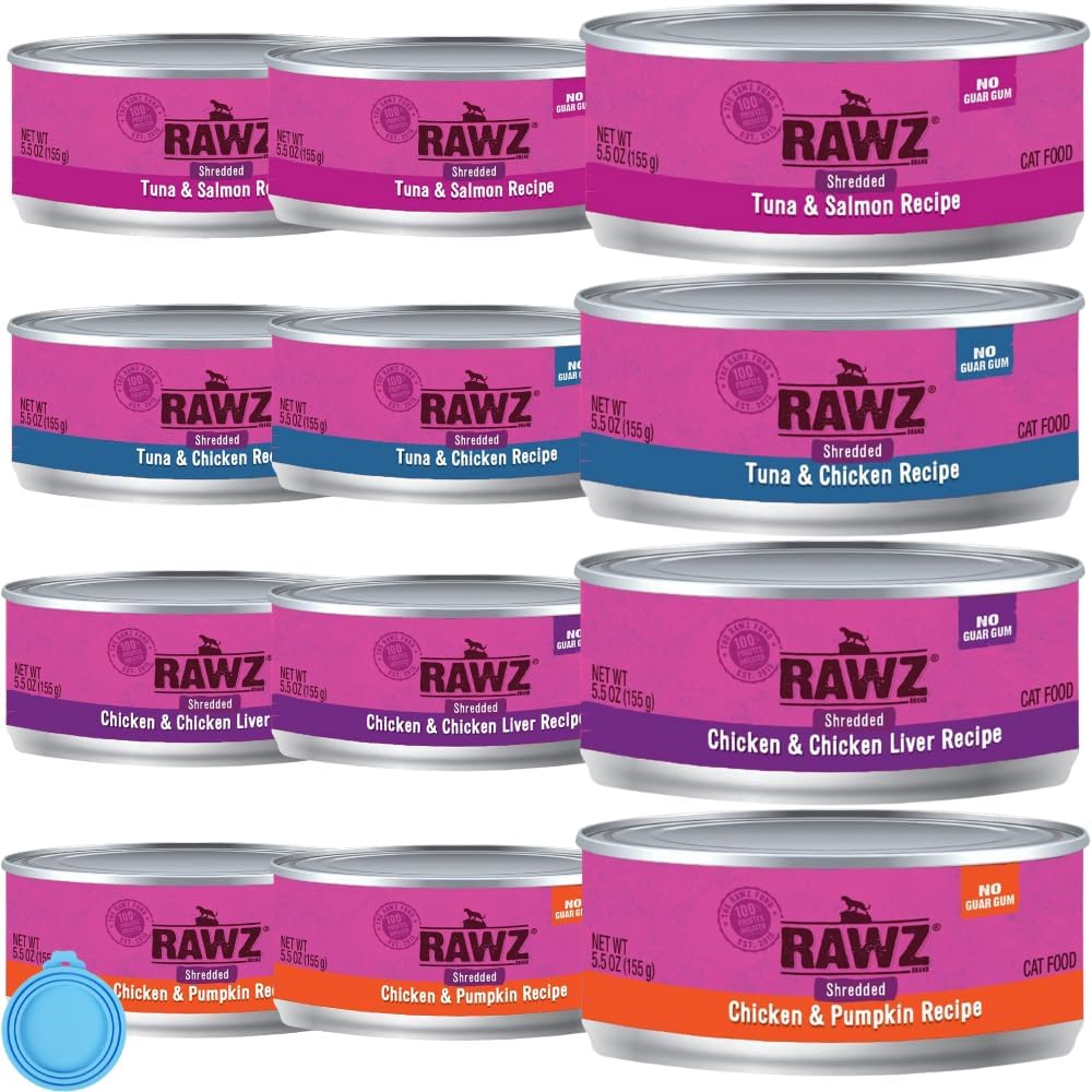 Rawz Natural Premium Canned Cat Wet Food Shredded -12 Pack Cans Variety Bundle -4 Flavors - (Tuna & Salmon, Chicken Liver, Tuna & Chicken, Chicken& Pumpkin) With Hotspot Pets Food Bowl - (5.5 Oz Cans)