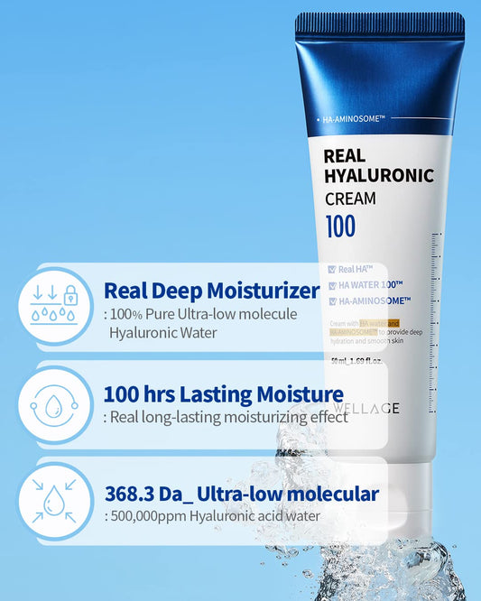 Wellage Real Hyaluronic Cream 100-100% Pure Hyaluronic Acid Face Moisturizer - Powerful Moisturizing & Firming For Dry Skin - Lightweight Gel Cream, 2.7Oz