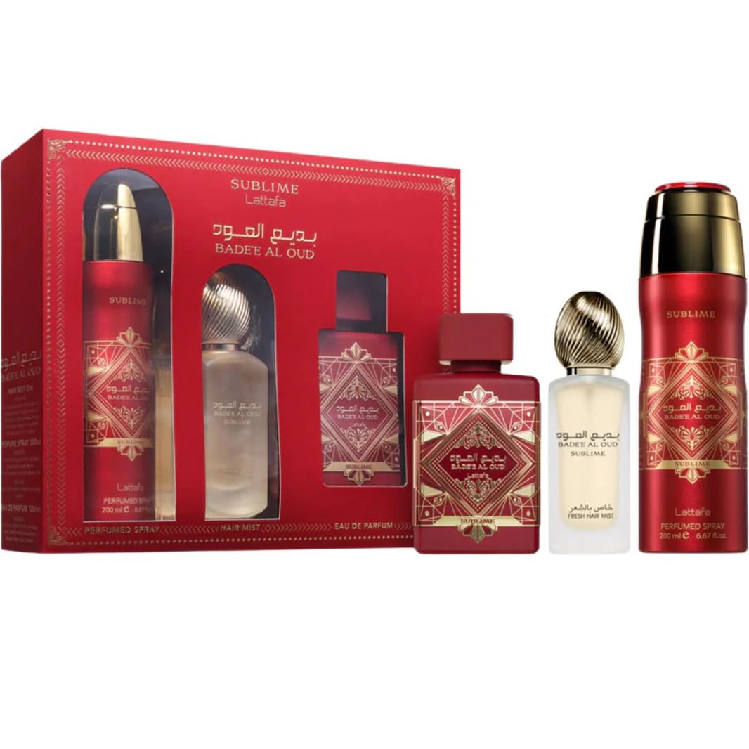 Lattafa Badee Al Oud Sublime For Unisex 3 Piece Set (3.4 Oz Eau De Parfum Spray + 1.7 Oz Hair Mist + 6.7 Oz Deodorant Spray) : Beauty & Personal Care