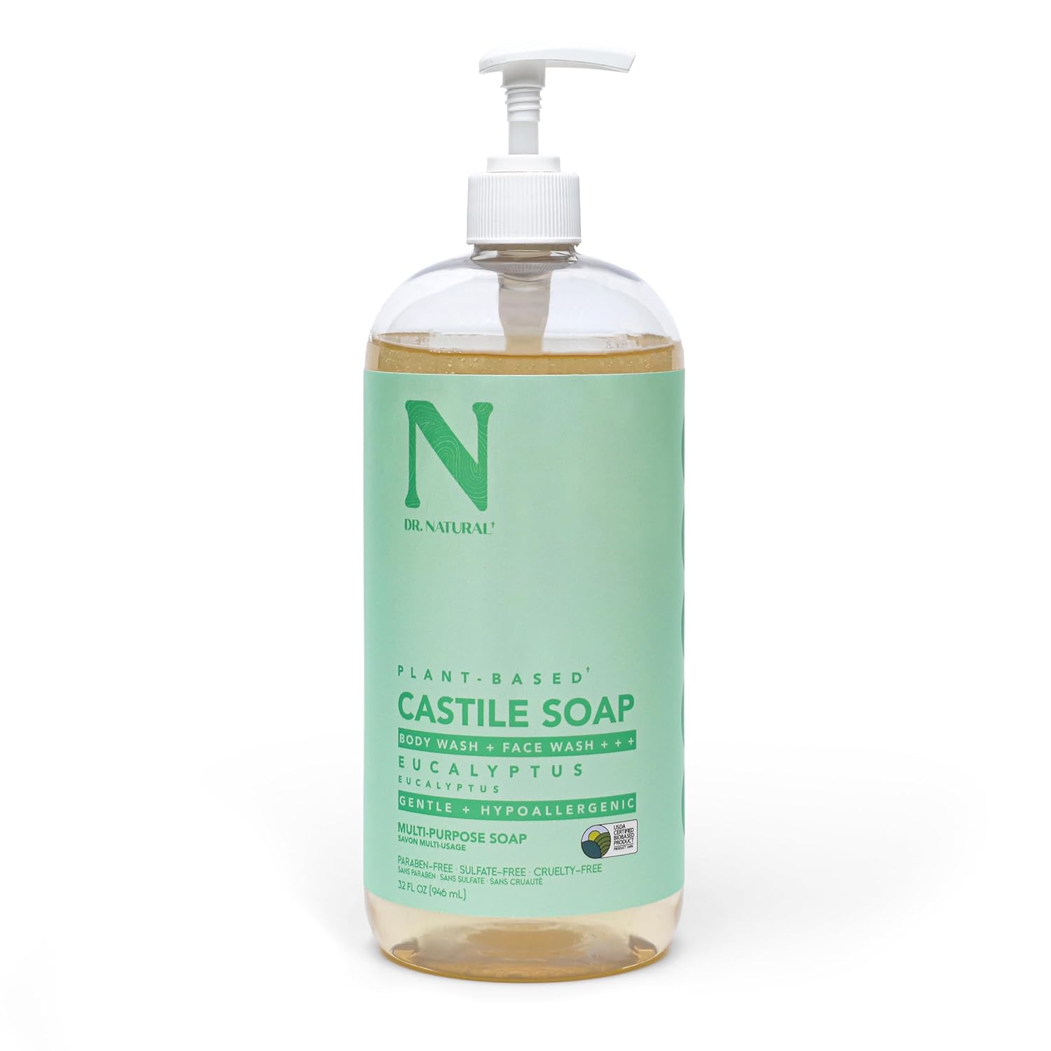Dr. Natural Castile Liquid Soap - Multi-Use Body Wash, Shampoo And Face Wash - Hydrating Body Soap For Skin, Hair, Pets And Home - Eucalyptus - 32 Oz