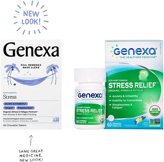 Genexa Stress For Adults | Anxiety Relief & Fatigue Remedy | Soothing Natural Vanilla & Lavender Flavor | Gluten Free & Non-Gmo | Homeopathic Remedy Made Clean | 60 Chewable Tablets