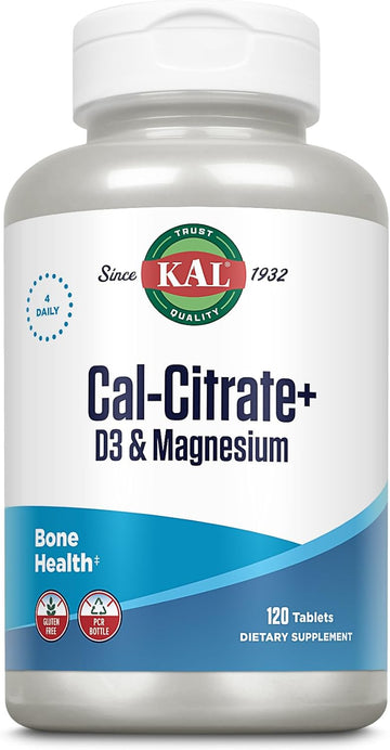 Kal Cal-Citrate+, Calcium Citrate Plus Vitamin D-3 And 500 Mg Of Magnesium, Healthy Bones And Teeth Support, Gluten Free And Lab Verified For Quality, 30 Servings, 120 Tablets