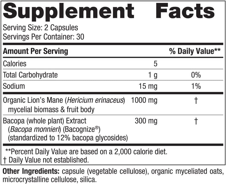 Nordic Naturals Cognition Mushroom Complex, Unavored - 60 Capsules - Brain, Memory & Mood Support - Blend of Lion’s Mane Mushroom & Bacopa Extract - Non-GMO - Certified Vegan - 30 Servings