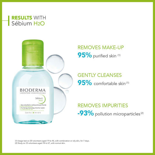 Bioderma Sébium H2O - Purifying Micellar Water For Oily, Combination & Acne Prone Skin, Cleanser Removes Impurities, Pollution & Pollen, Gentle Makeup Remover, 100Ml