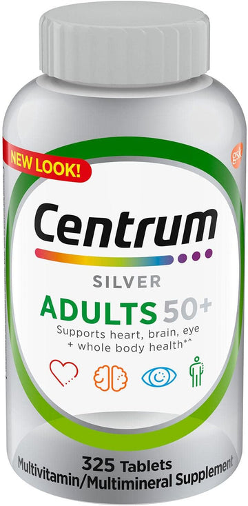 Centrum Silver Adult 50 Plus Daily Multivitamin Tablet 325 Count Specially Formulated For 50+ Smooth Coating Higher Level Of Vitamin D3 Non Gmo Support Heart Brain Eye Muscle Health 320 Count