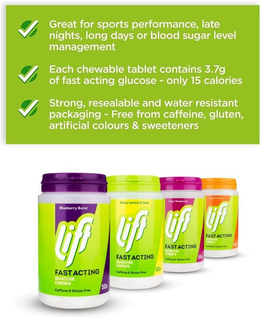 Lift Fast-Acting Glucose Chewable Energy Tablets, Mixed Flavours, 4 Pack Of 50-Tablet Tubs