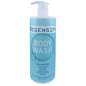 Regensify Red Acne Body Wash 500 Ml (17 Fl Oz) 1% Salicylic Acid, Niacinamide, Panthenol, Hyaluronic Acid, Coenzyme Q10 & Vitamin E - Anti Aging, Hydrating, Moisturising & Exfoliating Shower Gel