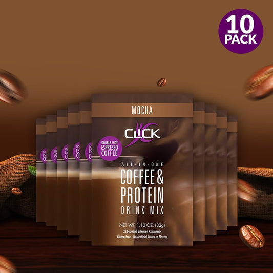 CLICK All-in-One Protein & Coffee Meal Replacement Drink Mix, Mocha, 10 Single Serving Packets (1.2 Ounce)