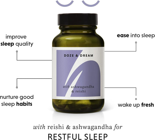 The Herbtender Doze & Dream – Natural Sleep Support Supplement With Reishi, Ashwagandha & Chamomile, Promotes Deep Rest & Relaxation, Vegan, Organic Ingredients, 60 Capsules