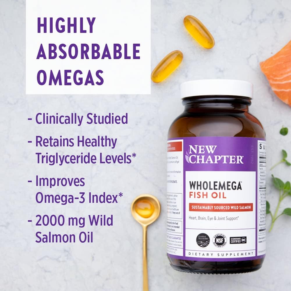 New Chapter Wholemega Fish Oil Supplement - Wild Alaskan Salmon Oil with Omega-3 + Vitamin D3 + Astaxanthin + Sustainably Caught - 180 ct, 1000mg Softgels