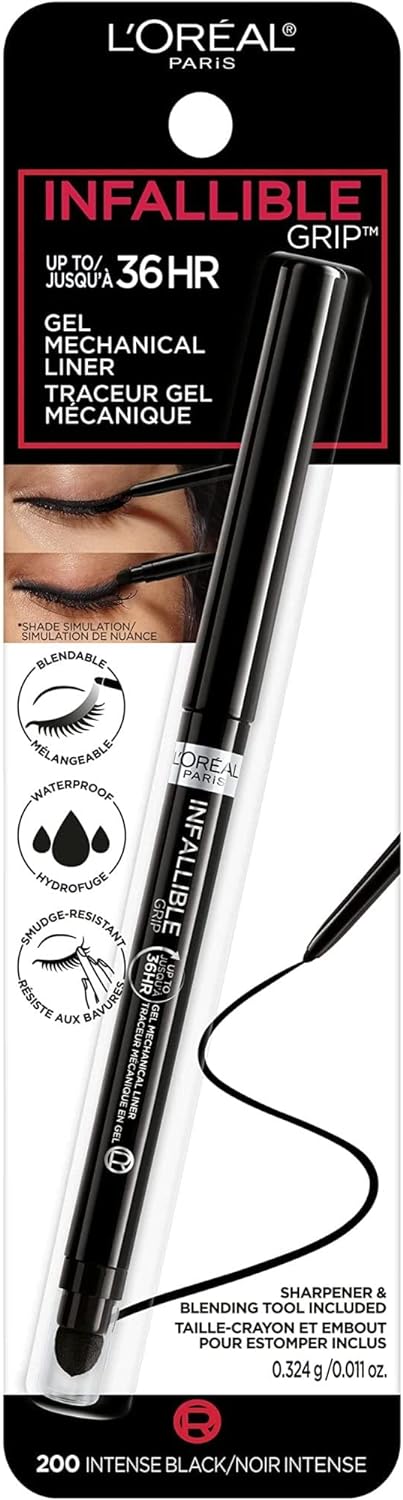 L'Oreal Paris Infallible Grip Mechanical Gel Eyeliner Pencil, Smudge-Resistant, Waterproof Eye Makeup With Up To 36Hr Wear, Intense Black, 0.01 Oz