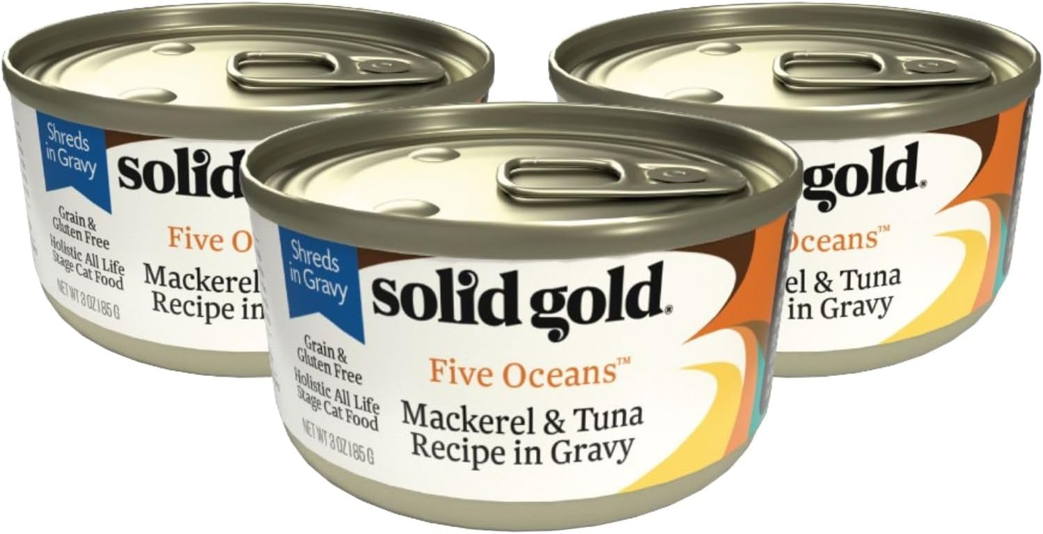 Solid Gold Wet Cat Food Shreds In Gravy Five Oceans 3 Count Sample Pack - Canned Cat Food Made W/Real Tuna & Mackerel For Cats Of All Ages - Grain Free Cat Wet Food For Sensitive Stomach