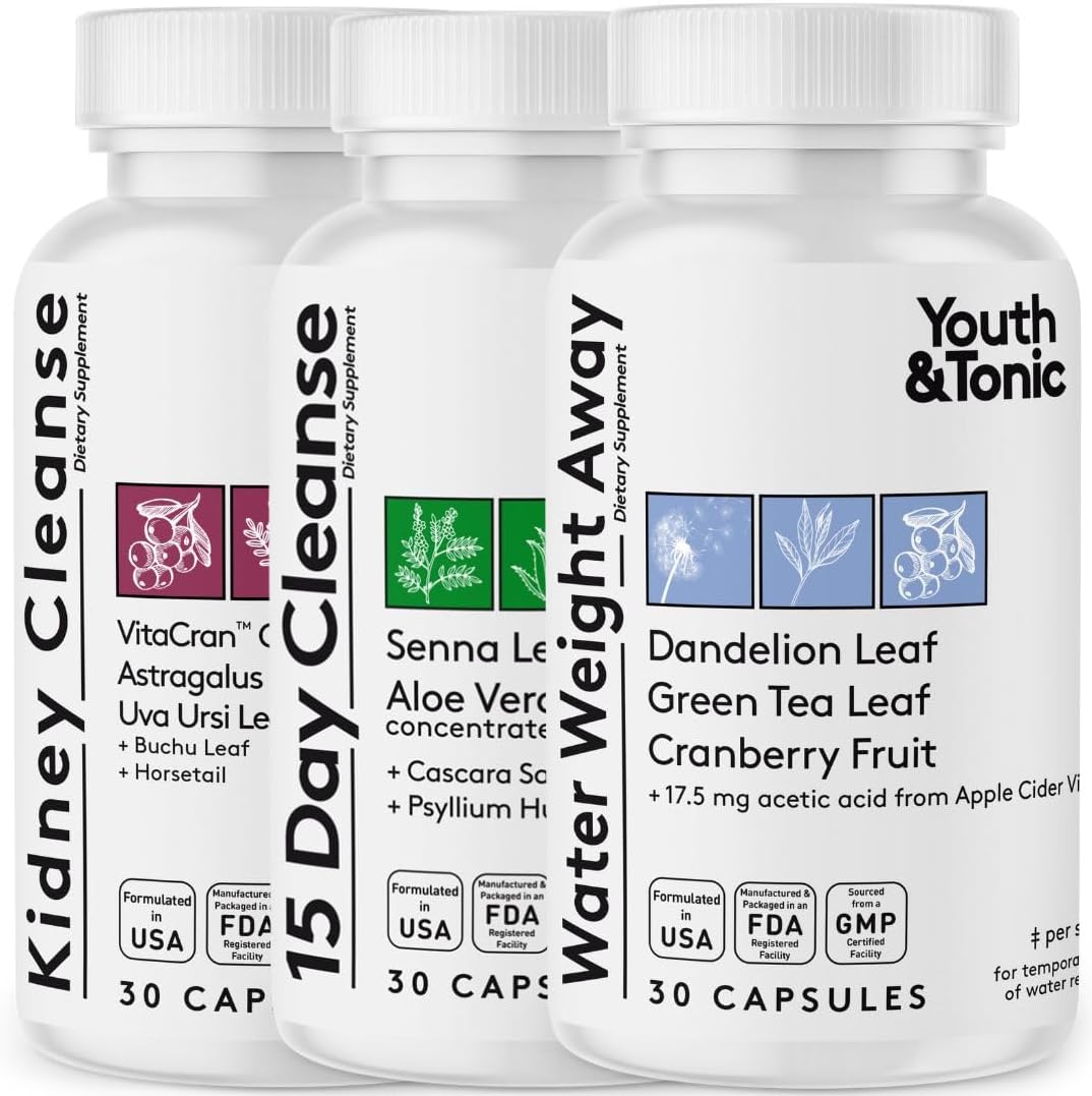 Youth & Tonic Diuretic Full Body Cleanse Detox Pills For Bloating, Puffiness And Swelling, System Flush For Colon, Kidney And Liver Detoxing, 30 Day Supply With Green Tea, Senna, Dandelion, Cranberry