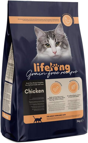 Amazon Brand - Lifelong - Dry Cat Food for Sterilised Cats, Grainfree Light Recipe with Fresh Chicken, 1 Pack of 3kg?ESP50062005