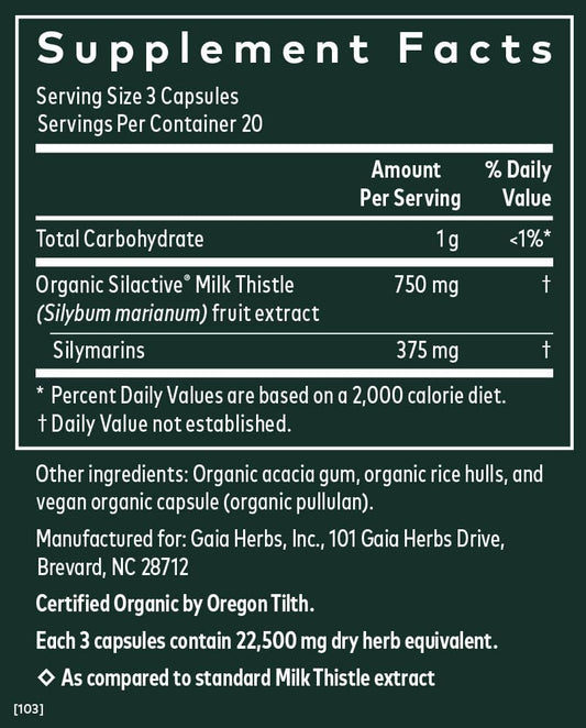 Gaia Herbs Milk Thistle - Liver Supplement & Cleanse Support For Maintaining Healthy Liver Function* - 60 Vegan Capsules (20-Day Supply)