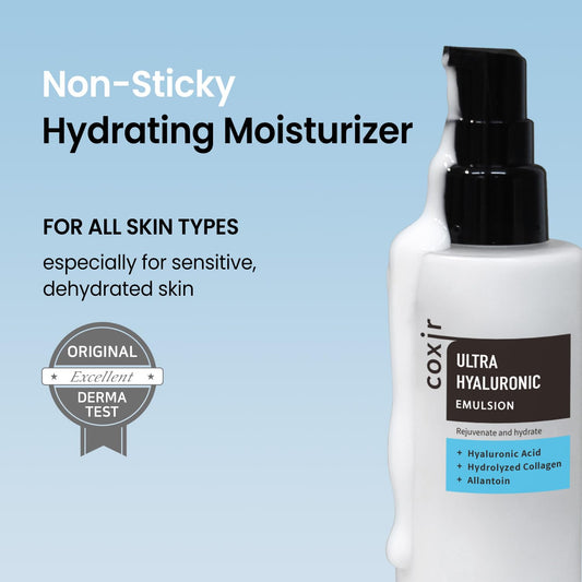 Coxir Ultra Hyaluronic Emulsion Llong-Lasting Hydration Facial Moisturizer For Sensitive,Dry, Dehydrated Skin L Lightweight Texture With Hyaluronic Acid, Collagen & Plant Complex 19 [3.38 Fl.Oz]