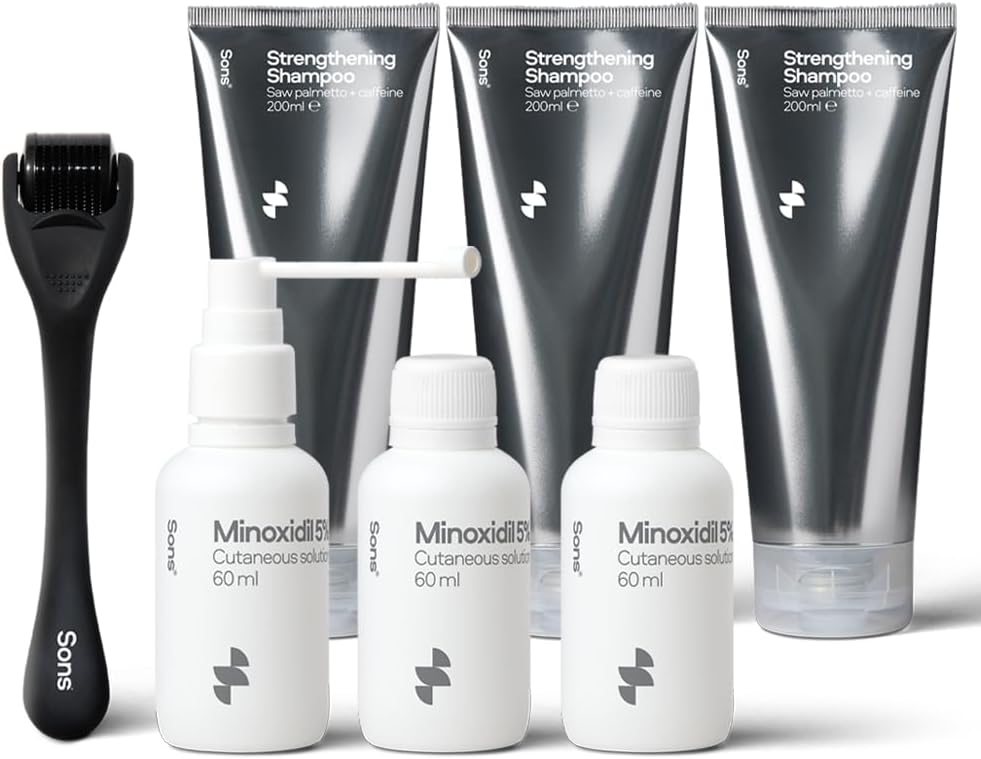 Sons Minoxidil 5%, Strengthening Shampoo And Dermaroller For Men. Hair Regrowth Treatment. Hair Growth Shampoo With Caffeine. Thickening, Anti-Dandruff, Dht Blocker. 3 Month Supply. Made In Europe