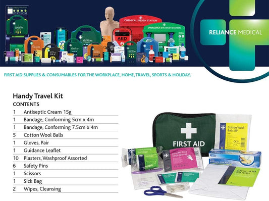 Reliance Medical - (Rel416) Handy Travel First Aid Kit, Travel Pouch With, Bandages, Cotton Wool Balls, Gloves, Plasters, Safety Pins, Scissors, Slick Bag And Cleansing Wipes (Green)