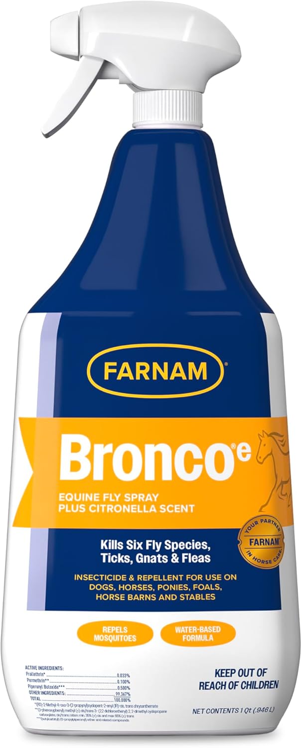 Farnam Broncoe Fly Spray Plus Citronella For Horses, Dogs & Premises - Kills Flies, Ticks, Fleas, Lice & Mosquitoes - Water-Based, Non-Oily Multi-Purpose Insecticide - 32 Oz