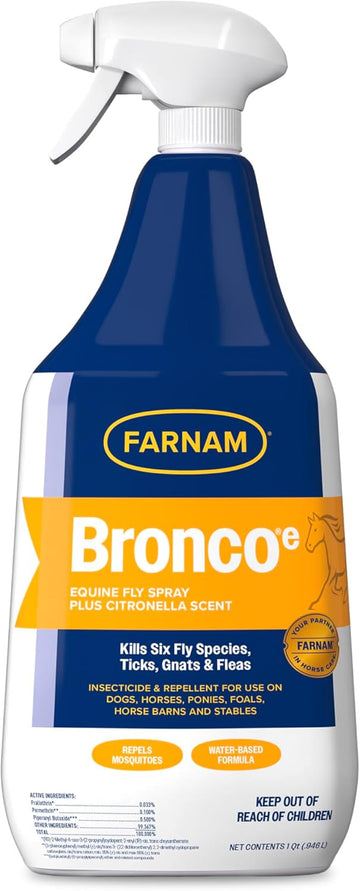 Farnam Broncoe Fly Spray Plus Citronella For Horses, Dogs & Premises - Kills Flies, Ticks, Fleas, Lice & Mosquitoes - Water-Based, Non-Oily Multi-Purpose Insecticide - 32 Oz
