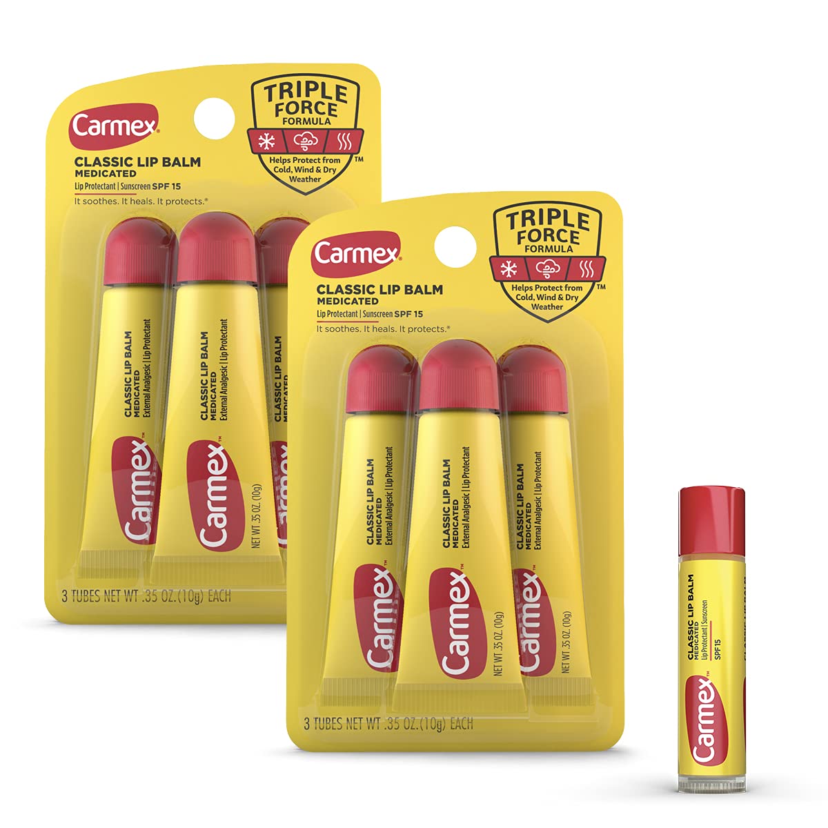 Carmex Classic Medicated Lip Balm Pack, Lip Moisturizer For Chapped Lips, 7 Count (6 Tubes And 1 Stick)