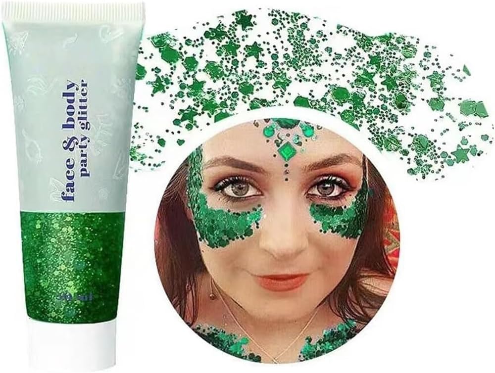 Beliky Girl Body Glitter Gel, 50Ml Face Glitters Body Gel Sequins Shimmer Liquid Eyeshadow, Mermaid Sequins Liquid Holographic Glitter Gel, Chunky Glitter For Face Hair Nails (Green)