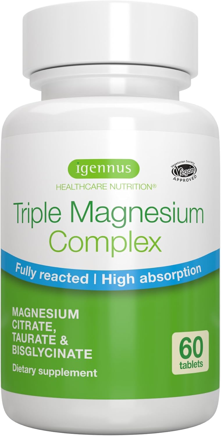 Advanced Triple Magnesium Complex, Fully Reacted & Chelated Glycinate, Taurate & Glycinate, Clean Label, High Bioavailability & Absorption, 60 Tablets, Vegan, Non-Buffered, By Igennus