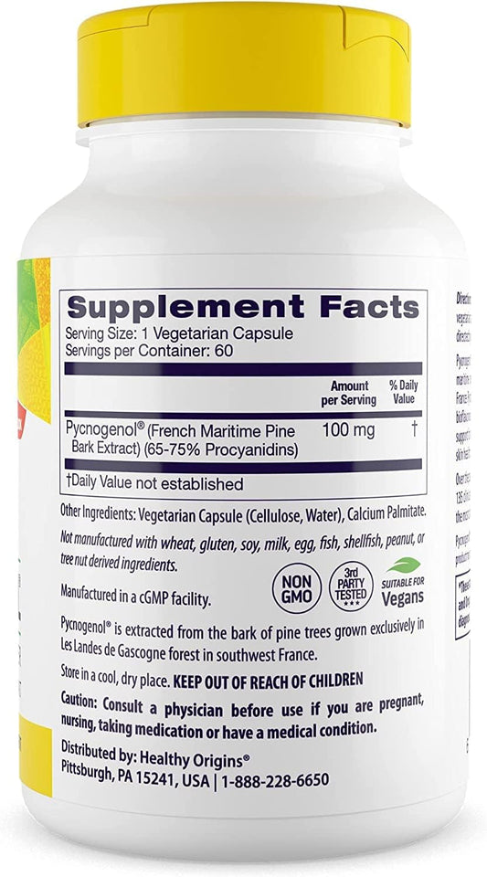 Healthy Origins Pycnogenol 100 mg - Premium Pine Bark Extract - French Maritime Pine Bark Extract for Heart Health, Skin Care & More - Gluten-Free & Non-GMO Supplement - 60 Veggie Caps